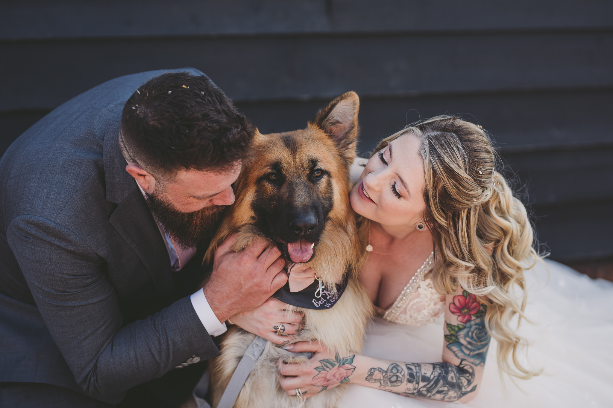 bride & groom with dog